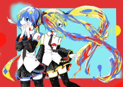 Rule 34 | 2girls, alternate color, bare shoulders, black necktie, black skirt, black thighhighs, blonde hair, blue background, blue eyes, blue hair, collared shirt, commentary request, covered mouth, cowboy shot, detached sleeves, feathers, floating hair, hair over mouth, hair over one eye, hands up, hatsune miku, highres, limited palette, liquid hair, long hair, miniskirt, multicolored hair, multiple girls, necktie, number tattoo, one eye covered, palette ni wa kimi ga ippai (vocaloid), pleated skirt, pocket cl, red background, red hair, shirt, shoulder tattoo, single feather, skirt, sleeveless, sleeveless shirt, tattoo, thighhighs, twintails, very long hair, vocaloid, white feathers, white shirt, yellow eyes, zettai ryouiki