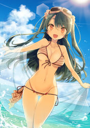 Rule 34 | 1girl, :d, beach, bikini, blue sky, blush, breasts, brown eyes, cleavage, cloud, collarbone, day, eyewear on head, fang, front-tie top, gluteal fold, groin, hair between eyes, hair ornament, hair scrunchie, halterneck, highres, large breasts, long hair, looking at viewer, navel, ocean, open mouth, original, outdoors, scrunchie, shawl, side-tie bikini bottom, sky, smile, solo, stomach, string bikini, striped bikini, striped clothes, sunglasses, swimsuit, thigh gap, twintails, yuzuki gao