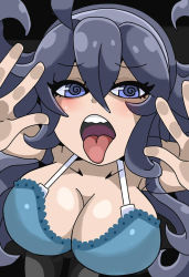 Rule 34 | 1girl, @ @, artist request, bra, breasts, cleavage, creatures (company), game freak, hex maniac (pokemon), large breasts, long hair, nintendo, npc trainer, open mouth, pokemon, pokemon xy, purple hair, solo, source request, tongue, tongue out, underwear