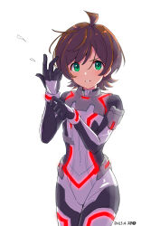 Rule 34 | 1girl, adjusting clothes, adjusting gloves, ahoge, brown hair, commentary request, damokan66, gloves, glowing clothes, green eyes, highres, idolmaster, idolmaster million live!, idolmaster million live! theater days, kinoshita hinata, looking at viewer, pilot suit, short hair, solo, white background
