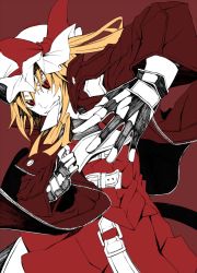 Rule 34 | 1girl, asymmetrical hair, bad id, bad pixiv id, belt, belt buckle, biting, blonde hair, buckle, capcom, devil may cry (series), female focus, fingerless gloves, flandre scarlet, gloves, hat, hat ribbon, jacket, mouth hold, partially colored, red background, red eyes, ribbon, short hair, side ponytail, simple background, skirt, skirt set, smile, solo, torizousui, touhou