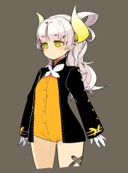 Rule 34 | 1girl, black jacket, breasts, closed mouth, gloves, green eyes, horns, jacket, long hair, mota, original, pointy ears, simple background, solo, white gloves, white hair