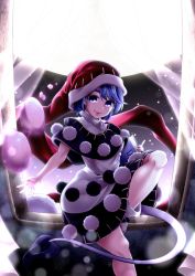 Rule 34 | 0-den, 1girl, absurdres, ankle boots, black capelet, blue eyes, blue hair, blurry, bokeh, book, boots, capelet, commentary request, curtains, depth of field, doremy sweet, dream soul, dress, enpera, foot out of frame, full moon, hat, highres, holding, holding book, indoors, layered dress, leg up, looking at viewer, moon, night, nightcap, parted lips, partial commentary, pom pom (clothes), red hat, scarf, short sleeves, sitting, smile, solo, swept bangs, tail, tapir tail, thick eyebrows, touhou, white footwear, window