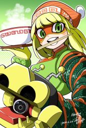Rule 34 | 1girl, 2020, arms (game), artist name, beanie, blonde hair, bowl, chopsticks, dated, domino mask, dragon (arms), female focus, furumoto yuuya, green eyes, hand up, hat, looking at viewer, mask, min min (arms), mouth hold, open mouth, orange hat, outline, short hair, signature, smile, solo, steam, teeth, teeth hold, white outline, zipper pull tab