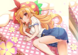 Rule 34 | 1girl, aikatsu!, aikatsu! (series), arm support, beige background, blue skirt, breasts, brown hair, closed mouth, collared shirt, commentary request, eyebrows hidden by hair, food, fruit, hair over one eye, hair ribbon, hairband, highres, hoshimiya ichigo, long hair, looking at viewer, lying, nail polish, on side, pink nails, pleated skirt, puffy short sleeves, puffy sleeves, red eyes, red hairband, red ribbon, ribbon, shirt, short sleeves, skirt, small breasts, solo, strawberry, very long hair, wapokichi, white shirt