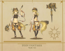 Rule 34 | 1girl, ass, bad id, bad pixiv id, bare shoulders, black panties, blonde hair, chaps, character name, copyright name, crop top, fox tail, full body, garter straps, goggles, hammer, highres, huanxiang heitu, multiple views, nicole fox, original, panties, pixiv fantasia, pixiv fantasia fallen kings, shoes, short twintails, tail, thighhighs, thong, turnaround, twintails, underwear