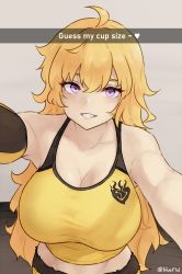 Rule 34 | 1girl, ahoge, armpits, blonde hair, bluefield, breasts, cleavage, english text, grin, highres, large breasts, long hair, looking at viewer, midriff, outstretched arms, purple eyes, rwby, selfie, smile, snapchat, solo, tank top, upper body, wavy hair, yang xiao long, yellow tank top