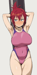 Rule 34 | 1girl, absurdres, armpits, arms up, bdsm, blush, bondage, bound, breasts, cameltoe, closed mouth, covered navel, folded ponytail, full-face blush, geso smith, grey background, hair between eyes, highres, large breasts, legs together, looking at viewer, one-piece swimsuit, pink one-piece swimsuit, rail wars!, red hair, sakurai aoi, short hair, simple background, solo, standing, sweat, swimsuit