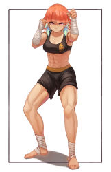 Rule 34 | 1girl, abs, black shorts, boxers, breasts, clenched hands, earrings, fighting stance, foot wraps, gift art, hand wraps, highres, hololive, hololive english, jewelry, kickboxing, male underwear, midriff, muscular, muscular female, navel, purple eyes, red eyes, seraziel, shorts, simple background, takanashi kiara, underwear, virtual youtuber