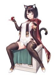 Rule 34 | 1girl, absurdres, animal ear fluff, animal ears, apple, black hair, black sleeves, black thighhighs, blouse, blunt bangs, breasts, bridal gauntlets, cape, cat ears, cat girl, cat tail, detached sleeves, food, fruit, full body, game cg, high heels, highres, holding, holding food, holding fruit, hood, hood down, hooded, long sleeves, looking at viewer, medium breasts, parted lips, print thighhighs, pubic tattoo, pumps, red apple, red cape, red eyes, see-through, shirt, short hair, sideboob, sitting, sleeveless, sleeveless shirt, solo, tachi-e, tail, tail ornament, tail ring, tattoo, thighhighs, transparent background, white footwear, white shirt, wish (momentum games)