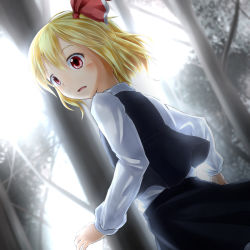 Rule 34 | 1girl, arm up, black skirt, black vest, blonde hair, blurry, blurry background, cowboy shot, day, dutch angle, fang, forest, from side, hair between eyes, hair ribbon, long sleeves, looking to the side, nature, nogiguchi, open mouth, outdoors, red eyes, ribbon, rumia, shirt, short hair, skirt, solo, standing, symbol-only commentary, touhou, vest, white shirt, wind, wind lift