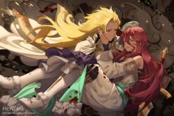 Rule 34 | 1boy, 1girl, alberius (dragalia lost), armor, artist name, bare shoulders, blonde hair, blood, blood from mouth, blood on clothes, boots, breastplate, brown eyes, cape, carrying, closed mouth, commentary, dragalia lost, dress, english commentary, eye contact, floating hair, green eyes, green headwear, hair between eyes, hat, hentaki, knee boots, long hair, looking at another, mini hat, myriam (dragalia lost), off-shoulder dress, off shoulder, open mouth, princess carry, red hair, smile, spoilers, torn cape, torn clothes, very long hair, watermark, web address, white cape, white dress, white footwear