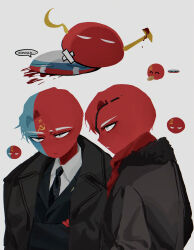 2boys black_coat black_necktie bread coat collared_shirt colored_skin countryball countryhumans eyepatch food hammer_and_sickle highres lapels multiple_boys necktie notched_lapels patterned_skin red_skin russiaball russian_flag russian_soviet_federative_socialist_republic_(countryhumans) russian_soviet_federative_socialist_republic_flag russian_soviet_federative_socialist_republicball saboten92 shirt simple_background soviet_flag soviet_union_(countryhumans) sovietball translated upper_body white_background white_shirt