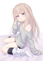 Rule 34 | 1girl, arm support, bare shoulders, bed sheet, bike shorts, black shorts, black socks, blush, candy, child, closed mouth, commentary request, food, grey shirt, head tilt, highres, holding, holding candy, holding food, holding lollipop, kneehighs, kokone (coconeeeco), leg warmers, light brown hair, lollipop, long hair, long sleeves, off shoulder, one side up, original, purple eyes, shirt, short shorts, shorts, sitting, sleeves past fingers, sleeves past wrists, socks, solo, tongue, tongue out, very long hair, wariza, white background, white socks