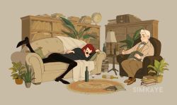 Rule 34 | 2boys, armchair, artist name, aziraphale (good omens), book, book stack, bookshelf, bottle, chair, couch, crowley (good omens), cup, drinking glass, formal, full body, globe, good omens, indoors, lamp, lying, multiple boys, on stomach, plant, potted plant, red hair, simkaye, simple background, sitting, smile, suit, sunglasses, tan background, white hair, wine bottle, wine glass
