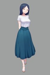 Rule 34 | 1girl, arms behind back, blue hair, blue skirt, breasts, closed mouth, full body, grey background, hekirake, large breasts, long hair, long skirt, looking at viewer, narrowed eyes, original, sandals, shirt, simple background, skirt, smile, solo, standing, tachi-e, white shirt