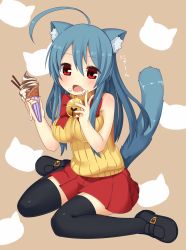 Rule 34 | 1girl, ahoge, animal ears, bell, black thighhighs, blue eyes, blush, borrowed character, breasts, cat ears, cat tail, fang, food, highres, ice cream, ice cream cone, jingle bell, large breasts, long hair, muku (muku-coffee), necco (tefun), open mouth, original, red eyes, ribbed sweater, sitting, skirt, sleeveless, sleeveless turtleneck, solo, sweater, tail, thighhighs, turtleneck, wariza, zettai ryouiki