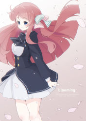 Rule 34 | 1girl, blue eyes, bow, bowtie, commentary request, dress, gradient background, hair ribbon, haya bs, highres, long hair, long sleeves, looking at viewer, looking to the side, minamoto sakura, petals, polka dot, polka dot ribbon, red hair, ribbon, short dress, side ponytail, solo, zombie land saga