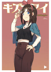 Rule 34 | 1990s (style), 1girl, alternate costume, blue capelet, blue eyes, bracelet, brown hair, capelet, character name, cloba, commentary request, eyes visible through hair, glasses, glint, hairband, hand on own hip, highres, jewelry, kizuna ai, kizuna ai inc., long hair, long sleeves, looking at viewer, multicolored hair, necklace, pants, pink background, pink hair, pink hairband, retro artstyle, shirt, signature, simple background, smile, solo, streaked hair, two-tone hair, virtual youtuber, white shirt