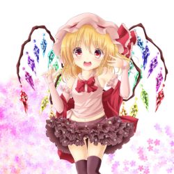 Rule 34 | 1girl, alternate costume, amesaki utsura, arms up, bare shoulders, black thighhighs, blonde hair, elbow gloves, fingerless gloves, flandre scarlet, floral background, frilled gloves, frilled skirt, frills, gloves, gradient background, hat, hat ribbon, looking at viewer, m/, midriff, mob cap, navel, off shoulder, open mouth, over-kneehighs, red eyes, ribbon, shawl, short hair, side ponytail, skirt, solo, tank top, thighhighs, touhou, wings
