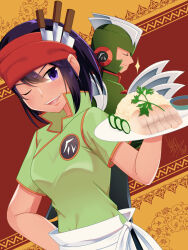 Rule 34 | 1boy, 1girl, ;d, apron, chinese clothes, food, hand on own hip, headband, highres, holding, holding plate, knife, knife hair ornament, looking at viewer, mega man (series), mega man battle network (series), mega man battle network 6, one eye closed, open mouth, pat fahran (mega man), plate, purple eyes, purple hair, red headband, shizuki airu, short sleeves, slashman.exe, smile, teeth, upper body, upper teeth only