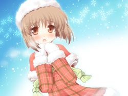 Rule 34 | 00s, 1girl, :o, blue background, blush, breath, brown eyes, brown hair, capelet, christmas, dress, female focus, fur-trimmed sleeves, fur trim, hagiwara yukiho, hat, idolmaster, idolmaster (classic), komi zumiko, long sleeves, looking at viewer, mittens, open mouth, outdoors, plaid, plaid dress, red dress, short hair, sky, snowflakes, solo, tareme, upper body, white mittens