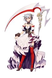 Rule 34 | 1girl, absurdres, bare shoulders, breasts, clothes lift, dress, dress lift, evil smile, full body, grey hair, hair ornament, high heels, highres, holding, holding scythe, lifting own clothes, long hair, looking at viewer, medium breasts, pink eyes, red thighhighs, rekaerb maerd, romantic saga of beauty &amp; devil, scythe, short hair with long locks, simple background, skull hair ornament, slit pupils, smile, solo, standing, striped, thighhighs, transparent background, vertical stripes, white background