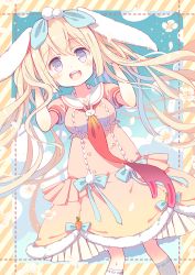 Rule 34 | 1girl, :d, animal ears, blonde hair, blue bow, bow, dress, hair bow, kneehighs, long hair, looking at viewer, necktie, open mouth, original, purple eyes, rabbit ears, red neckwear, sailor collar, short sleeves, smile, socks, standing, twintails, w arms, white sailor collar, white socks, yamadori yoshitomo
