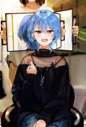 Rule 34 | 2girls, alternate hairstyle, barber, barber chair, black nails, black sweater, blouse, blue eyes, blue hair, blush, brown hair, collarbone, commentary request, denim, earrings, eyelashes, fingernails, funi mu9, hair between eyes, hand on own thigh, happy, highres, holding, holding mirror, hololive, hoshimachi suisei, indoors, jeans, jewelry, legs together, long sleeves, medium hair, mirror, multiple girls, musical note necklace, nail polish, necklace, off-shoulder sweater, off shoulder, on chair, pants, parted bangs, plant, potted plant, scissors, see-through, see-through shirt, shirt, sidelocks, sitting, solo focus, standing, star (symbol), star in eye, sweater, symbol in eye, teeth, upper teeth only, virtual youtuber, white shirt