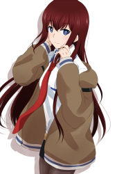 Rule 34 | 1girl, black pantyhose, black shorts, blue eyes, brown coat, closed mouth, coat, collared shirt, cowboy shot, dars (recolors), floating hair, hair between eyes, hand in own hair, pantyhose under shorts, long hair, long sleeves, looking at viewer, makise kurisu, necktie, open clothes, open coat, pantyhose, red hair, red necktie, shirt, short shorts, shorts, simple background, smile, solo, standing, steins;gate, straight hair, white background, white shirt, wing collar