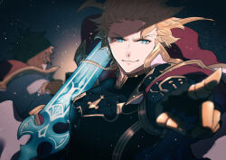 Rule 34 | 2boys, armor, blonde hair, blue eyes, cape, closed mouth, conqueror of the eternals, gauntlets, gran (granblue fantasy), granblue fantasy, holding, holding sword, holding weapon, male focus, multiple boys, official alternate costume, pointing, red cape, seofon (granblue fantasy), short hair, smile, sword, two-tone cape, upper body, waldtrad, weapon, white cape