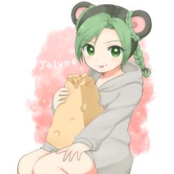 Rule 34 | 1girl, animal ears, bad id, bad pixiv id, black hair, braid, buchiku (motiten), character name, cheese, food, food on face, gradient background, green eyes, green hair, jojo no kimyou na bouken, kuujou jolyne, matching hair/eyes, mouse ears, multicolored hair, oversized object, solo, sweater, tongue, tongue out, two-tone hair
