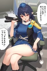 Rule 34 | 1girl, blue dress, blue hair, blue headwear, breasts, chair, commentary request, crossed legs, dress, highres, holding tripod, iizunamaru megumu, kanpa (campagne 9), large breasts, long hair, looking at viewer, medium breasts, monitor, office, office chair, pom pom (clothes), red eyes, short dress, sitting, solo, speech bubble, swivel chair, thighs, touhou, translation request