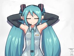 Rule 34 | 1girl, aqua hair, aqua necktie, arms behind head, arms up, artist logo, artist name, black sleeves, breasts, closed eyes, closed mouth, commentary, dated, detached sleeves, digiral, dot nose, english commentary, facing viewer, grey shirt, hair ornament, hatsune miku, highres, josh hutcherson whistle edit (meme), long hair, long sleeves, meme, microphone, necktie, shirt, sidelocks, simple background, sleeveless, sleeveless shirt, small breasts, smile, solo, split mouth, straight-on, twintails, upper body, very long hair, vocaloid, white background