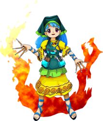 Rule 34 | 1girl, apron, art supplies, blue hair, breast pocket, dress, fire, full body, green hat, haniyasushin keiki, hat, headdress, holding, jewelry, long hair, lowres, magatama, magatama necklace, necklace, official art, paintbrush, pocket, red eyes, sandals, smile, solo, straight-on, tagme, tools, touhou, transparent background, wily beast and weakest creature, yellow dress, zun (artist)