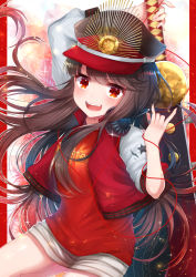 Rule 34 | &gt;:d, 1girl, :d, akirannu, black hair, blunt bangs, buster shirt, family crest, fang, fate/grand order, fate (series), hat, headphones, headphones around neck, highres, jacket, long hair, looking at viewer, oda nobunaga (fate), oda nobunaga (koha-ace), oda nobunaga (swimsuit berserker) (fate), oda nobunaga (swimsuit berserker) (first ascension) (fate), oda uri, open mouth, peaked cap, red eyes, shorts, smile, solo, sword, v-shaped eyebrows, very long hair, weapon