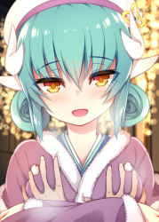 Rule 34 | 1boy, 1girl, :d, beret, binsen, blush, breasts, commentary request, crossed arms, double bun, dragon horns, fate/grand order, fate (series), fur-trimmed kimono, fur trim, grabbing, grabbing another&#039;s breast, green hair, hair between eyes, hair bun, hat, head tilt, hetero, horns, japanese clothes, kimono, kiyohime (fate), looking at viewer, medium breasts, open mouth, purple kimono, smile, sweat, white hat, yellow eyes