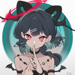 Rule 34 | 1girl, black wings, blush, collar, collarbone, finger to mouth, grey hair, hair ornament, hairclip, halo, hcii (user xpgx2238), highres, horns, long hair, mini wings, original, piercing, red eyes, red halo, shushing, signature, simple background, solo, wing piercing, winged halo, wings