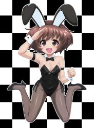 Rule 34 | 10s, 1girl, :d, akiyama yukari, animal ears, armlet, bare shoulders, black bow, black bowtie, black footwear, black leotard, bow, bowtie, breasts, brown eyes, brown hair, cleavage, clenched hand, commentary request, detached collar, fake animal ears, fishnet pantyhose, fishnets, girls und panzer, high heels, highres, legs, leotard, looking at viewer, medium breasts, messy hair, open mouth, pantyhose, playboy bunny, rabbit ears, rabbit tail, salute, shiina excel, short hair, side-tie leotard, sitting, smile, solo, strapless, strapless leotard, tail, wariza, wrist cuffs