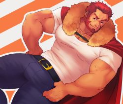 Rule 34 | 1boy, bara, beard, cape, cowboy shot, denim, facial hair, fate/grand order, fate/zero, fate (series), hand on own hip, highres, iskandar (fate), jeans, large pectorals, male focus, manly, misterpanncake, muscular, pants, pectorals, red eyes, red hair, shirt, short sleeves, smile, solo, t-shirt, thighs, upper body