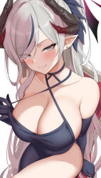 Rule 34 | 1girl, bare shoulders, black choker, black dress, black gloves, blue archive, blush, breasts, choker, cleavage, closed mouth, dress, earrings, elbow gloves, gloves, grey eyes, grey hair, highres, horns, jewelry, large breasts, long hair, looking at viewer, makoto (blue archive), makoto (dress) (blue archive), multicolored hair, pointy ears, simple background, smile, solo, streaked hair, thighs, white background, yasojima nejiro