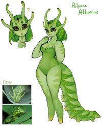 Rule 34 | 1girl, ?, absurdres, arthropod girl, artist name, bare shoulders, bodysuit, breasts, bug, caterpillar, caterpillar girl, cleavage, colored skin, commentary, commission, english commentary, english text, extra eyes, extra horns, full body, green hair, green horns, green skin, highres, horns, lips, looking at viewer, matilda fiship, medium breasts, medium hair, monster girl, original, parted lips, personification, photo-referenced, photo inset, red lips, reference inset, reference photo, reference work, short eyebrows, simple background, smile, solo, standing, surprised, thick arms, white background