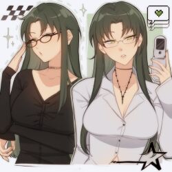 Rule 34 | 1girl, absurdres, black shirt, breasts, cellphone, choker, cleavage, collared shirt, ensemble stars!, flip phone, genderswap, genderswap (mtf), glasses, green hair, hasumi keito, heart, highres, holding, holding phone, jewelry, long hair, long sleeves, lummy yummy, medium breasts, necklace, phone, pixel heart, shirt, solo, sparkle, speech bubble, white background, white shirt, yellow eyes