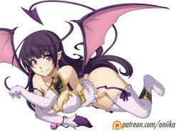 Rule 34 | 1girl, ass, asymmetrical gloves, breasts, chuunioniika, cleavage, demon girl, demon tail, demon wings, earrings, elbow gloves, female focus, frills, full body, garter straps, gloves, highres, jewelry, large breasts, lilim (shinkai no valkyrie), long hair, looking at viewer, mismatched gloves, no panties, pointy ears, purple eyes, purple hair, revision, shinkai no valkyrie, sketch, smile, solo, tail, transparent background, watermark, web address, white gloves, white legwear, wings