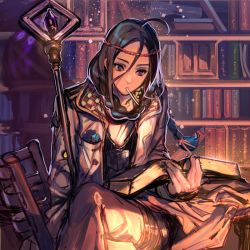 Rule 34 | 10s, 1girl, ahoge, bad id, bad pixiv id, book, braid, chain chronicle, chair, hair ribbon, indian style, jewelry, crossed legs, long coat, long hair, momo alto, necklace, open book, reading, ribbon, sitting, solo, staff