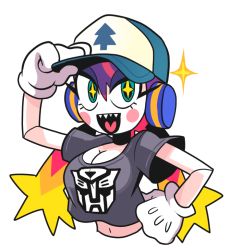 Rule 34 | + +, 1girl, autobot, baseball cap, blush stickers, boomina, boomina the maidroid, breasts, casual, cleavage, commentary, eyeshadow, gashi-gashi, gloves, gradient hair, gravity falls, green eyes, hat, heart, heart in mouth, long hair, makeup, multicolored hair, orange hair, pink hair, robot ears, sharp teeth, shirt, smile, solo, t-shirt, teeth, transformers, twintails, upper body, white gloves