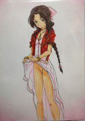 Rule 34 | 1girl, aerith gainsborough, ashigaki radar, bar censor, blush, bow, bracelet, braid, breasts, brown hair, censored, choker, cleavage, clothes lift, collarbone, dress, dress lift, final fantasy, final fantasy vii, green eyes, hair bow, highres, jacket, jewelry, long hair, looking at viewer, medium breasts, necklace, no panties, open clothes, open jacket, pink background, pink dress, pussy, red jacket, short sleeves, square enix, standing, two-tone background, white background