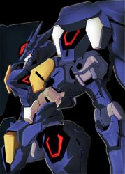 Rule 34 | arm at side, black background, commentary request, from side, glowing, glowing eyes, gundam, gundam pharact, gundam suisei no majo, highres, kuroiwa cookie, looking ahead, mecha, mobile suit, no humans, profile, red eyes, robot, science fiction, simple background, solo