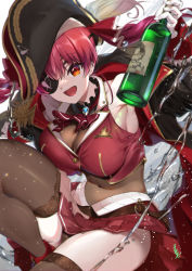 Rule 34 | 1girl, bare shoulders, blush, bottle, breasts, cleavage, eyepatch, hair ribbon, hat, highres, hololive, houshou marine, long hair, looking at viewer, open mouth, red eyes, red hair, ribbon, see-through, see-through cleavage, smile, solo, twintails, virtual youtuber, youmou usagi