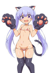 Rule 34 | 1girl, :d, absurdres, animal ears, animal hands, bikini, black thighhighs, breasts, cat ears, cat paws, cat tail, collarbone, fang, gluteal fold, groin, hair between eyes, head tilt, highres, light purple hair, looking at viewer, lsizessize, micro bikini, navel, new game!, open mouth, purple eyes, side-tie bikini bottom, simple background, small breasts, smile, solo, standing, suzukaze aoba, swimsuit, tail, tan, thighhighs, twintails
